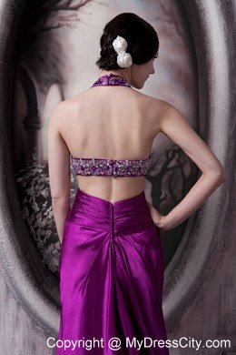 Beaded Halter Eggplant Purple Evening Dresses with Cut Out