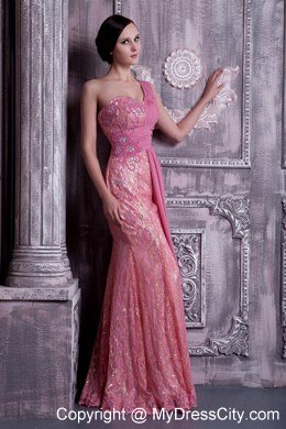 Rose Pink One Shoulder Beaded Evening Dress Floor-length