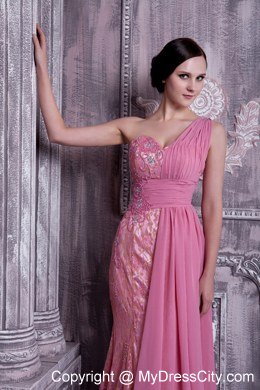 Rose Pink One Shoulder Beaded Evening Dress Floor-length