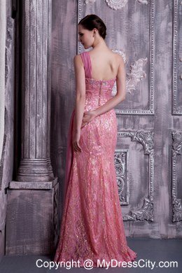 Rose Pink One Shoulder Beaded Evening Dress Floor-length