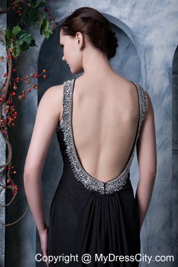 Black Scoop Watteau Train Backless Beading Evening Formal Gowns