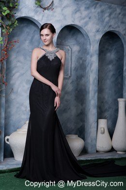 Black Scoop Watteau Train Backless Beading Evening Formal Gowns