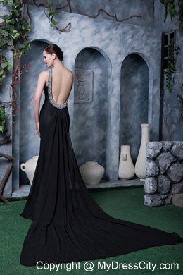 Black Scoop Watteau Train Backless Beading Evening Formal Gowns