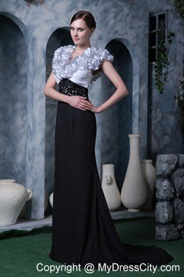 Beaded White and Black Evening Prom Gowns with Ruffle V-neck