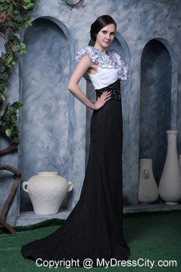 Beaded White and Black Evening Prom Gowns with Ruffle V-neck