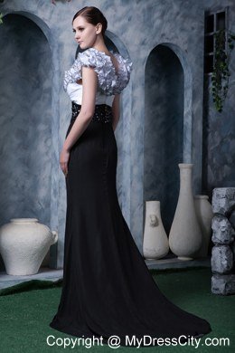 Beaded White and Black Evening Prom Gowns with Ruffle V-neck