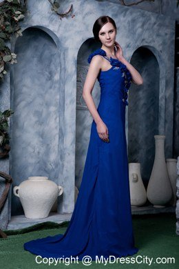 Sexy Royal Blue Flower One Shoulder Prom Dress with Beading