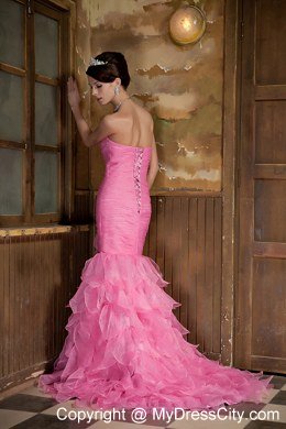 Pink Mermaid Brush Train Hand Flowers and Ruffles Evening Gowns