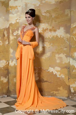 Orange Column Beaded V-neck Brush Train Chiffon Evening Dress