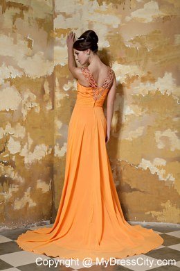 Orange Column Beaded V-neck Brush Train Chiffon Evening Dress