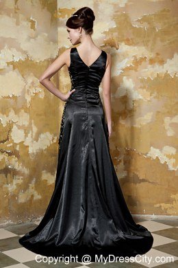 Black Column V-neck Brush Train Taffeta Sequins Evening Dress