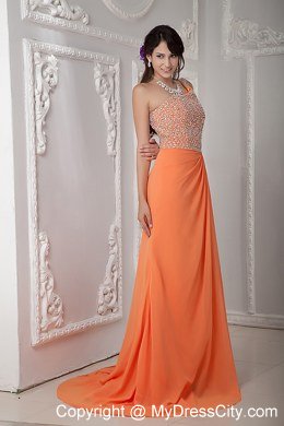 Sexy Orange One Shoulder Beaded Corset Chiffon Evening Dress