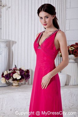 Hot Pink Evening Dress with Brush Train Beading Cutout Back