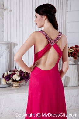 Hot Pink Evening Dress with Brush Train Beading Cutout Back