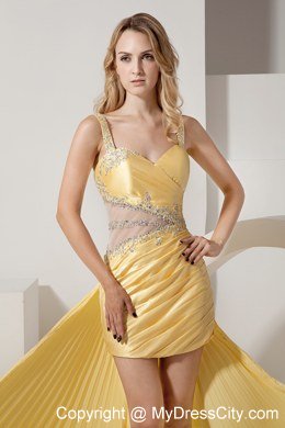 Yellow Straps High-low Beaded Prom Dress with Back Out