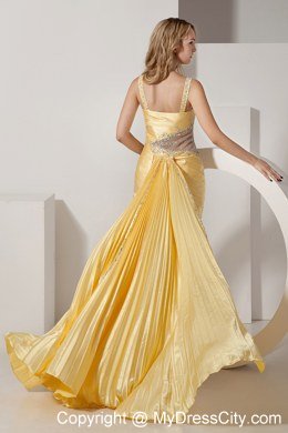 Yellow Straps High-low Beaded Prom Dress with Back Out