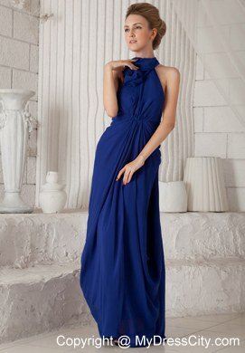 Blue Halter Watteau Train Chiffon Evening Dress with Ruching