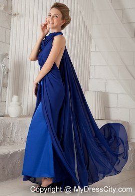 Blue Halter Watteau Train Chiffon Evening Dress with Ruching