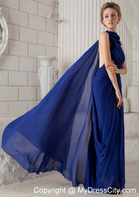 Blue Halter Watteau Train Chiffon Evening Dress with Ruching