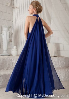 Blue Halter Watteau Train Chiffon Evening Dress with Ruching