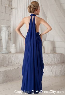 Blue Halter Watteau Train Chiffon Evening Dress with Ruching