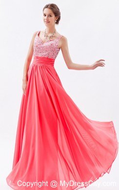 Coral Red Beaded zipper Floor-length Prom Dress with Straps