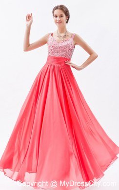 Coral Red Beaded zipper Floor-length Prom Dress with Straps