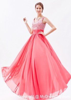 Coral Red Beaded zipper Floor-length Prom Dress with Straps