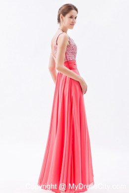 Coral Red Beaded zipper Floor-length Prom Dress with Straps