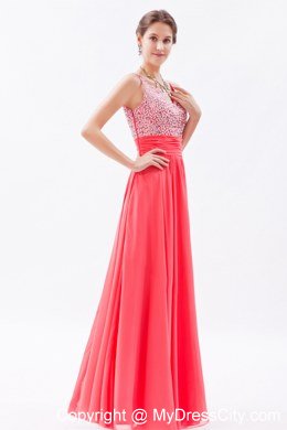 Coral Red Beaded zipper Floor-length Prom Dress with Straps