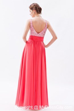 Coral Red Beaded zipper Floor-length Prom Dress with Straps