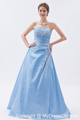 Floor-length Strapless Prom Dress Baby Blue with Appliques