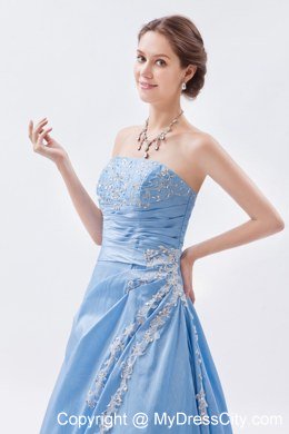 Floor-length Strapless Prom Dress Baby Blue with Appliques