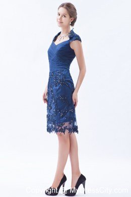 Blue Knee-length Prom Dress with Beading and Embroidery