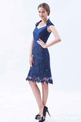 Blue Knee-length Prom Dress with Beading and Embroidery