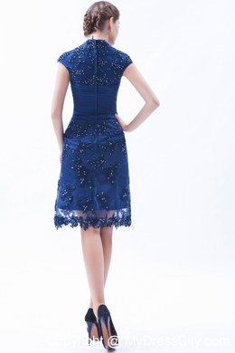 Blue Knee-length Prom Dress with Beading and Embroidery