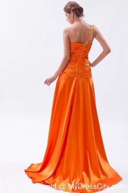 Orange One Shoulder Beaded Prom Dress with Brush Train