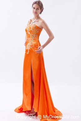 Orange One Shoulder Beaded Prom Dress with Brush Train