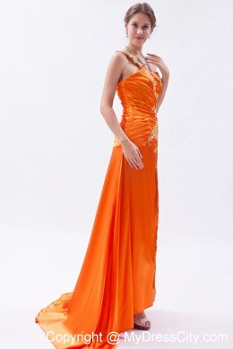 Orange One Shoulder Beaded Prom Dress with Brush Train