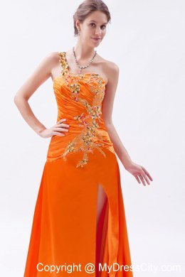 Orange One Shoulder Beaded Prom Dress with Brush Train