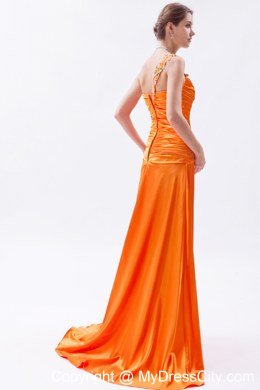 Orange One Shoulder Beaded Prom Dress with Brush Train