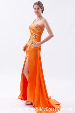 Orange One Shoulder Beaded Prom Dress with Brush Train