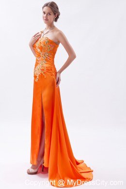 Orange One Shoulder Beaded Prom Dress with Brush Train