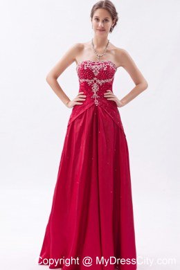 Wine Red Strapless Prom Dress Satin Embroidery with Beading