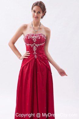 Wine Red Strapless Prom Dress Satin Embroidery with Beading