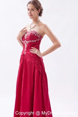 Wine Red Strapless Prom Dress Satin Embroidery with Beading