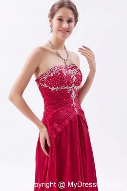 Wine Red Strapless Prom Dress Satin Embroidery with Beading