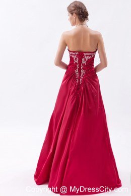 Wine Red Strapless Prom Dress Satin Embroidery with Beading