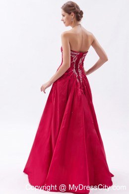 Wine Red Strapless Prom Dress Satin Embroidery with Beading