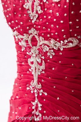 Wine Red Strapless Prom Dress Satin Embroidery with Beading